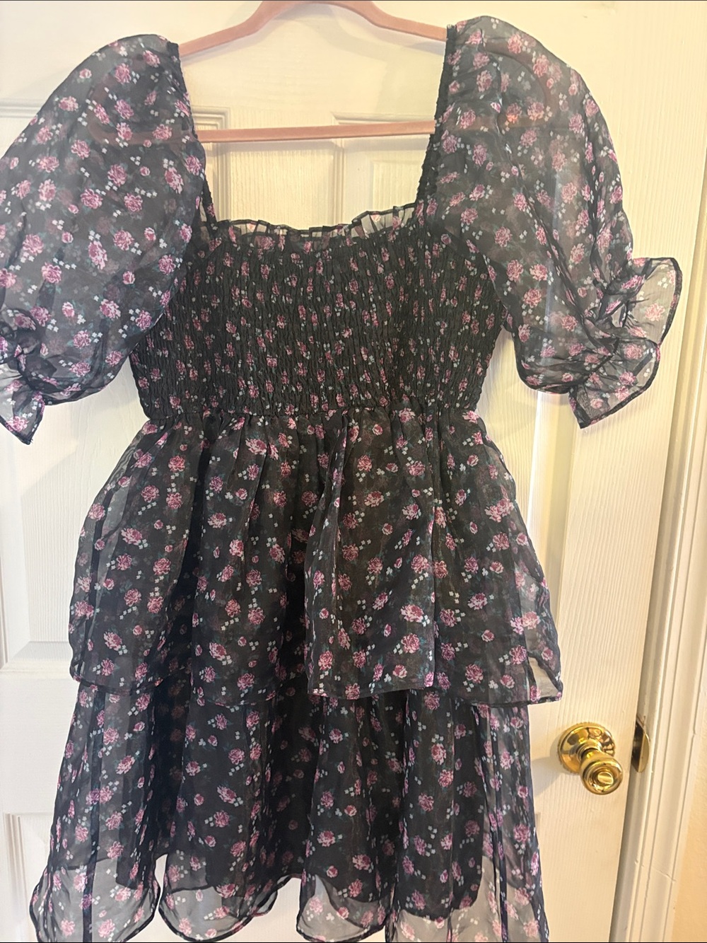 English Factory Black Floral Puff-Sleeve Tiered Dress with Pink Roses